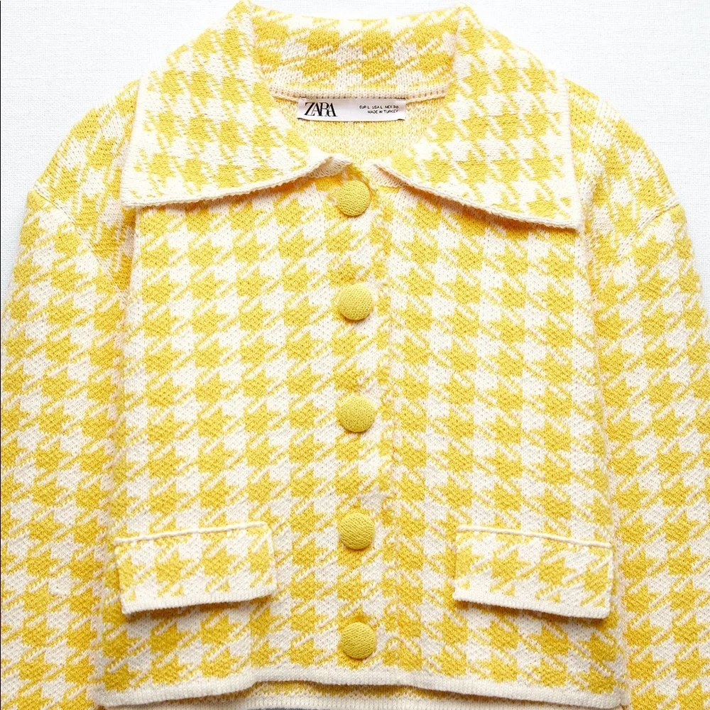 Zara Yellow Houndstooth Cropped Cardigan - Picture 10 of 16